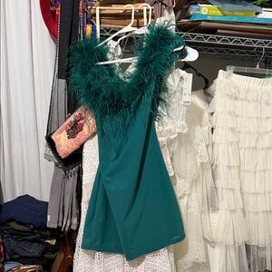 AKIRA Teal Feather-Trimmed Mini Dress